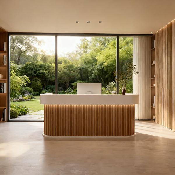 MuXing Reception Desk, Bar Counter, Rounded Corner Design, Vertical Stripe Pattern, Salon, Hotel, Store Front Desk【Baise】