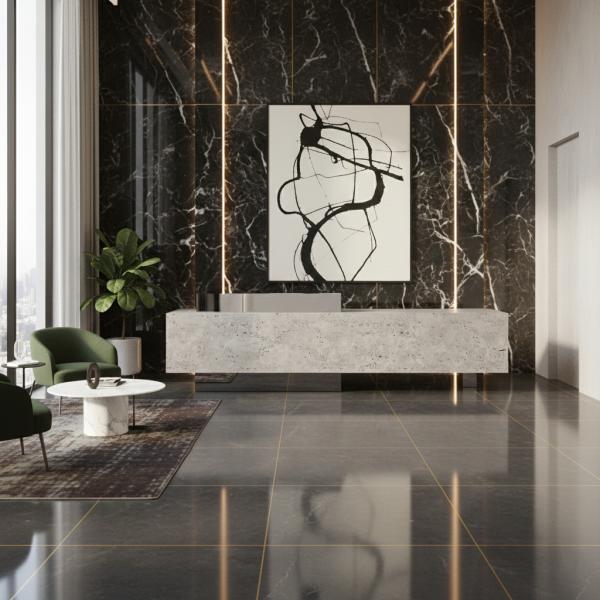 Muxing Theke, kommerzieller Empfangstresen, Metallstruktur, graue Steinoptik-Oberfläche, geeignet für Café, Geschäft, Empfang【DLSA】