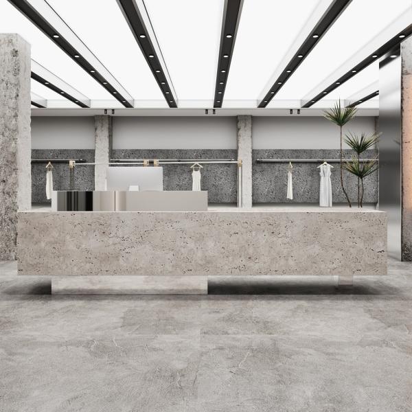 Muxing Theke, kommerzieller Empfangstresen, Metallstruktur, graue Steinoptik-Oberfläche, geeignet für Café, Geschäft, Empfang【DLSA】