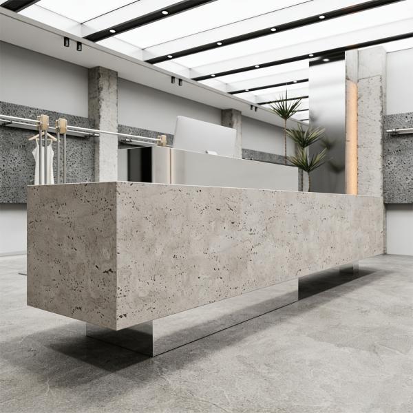 Muxing Theke, kommerzieller Empfangstresen, Metallstruktur, graue Steinoptik-Oberfläche, geeignet für Café, Geschäft, Empfang【DLSA】