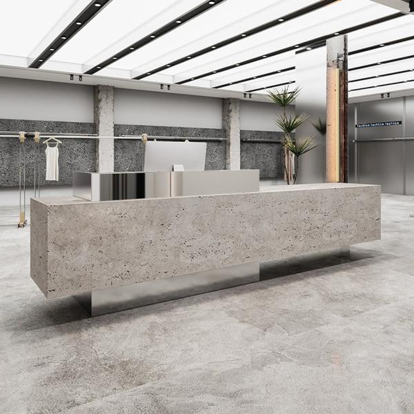 Muxing Theke, kommerzieller Empfangstresen, Metallstruktur, graue Steinoptik-Oberfläche, geeignet für Café, Geschäft, Empfang【DLSA】