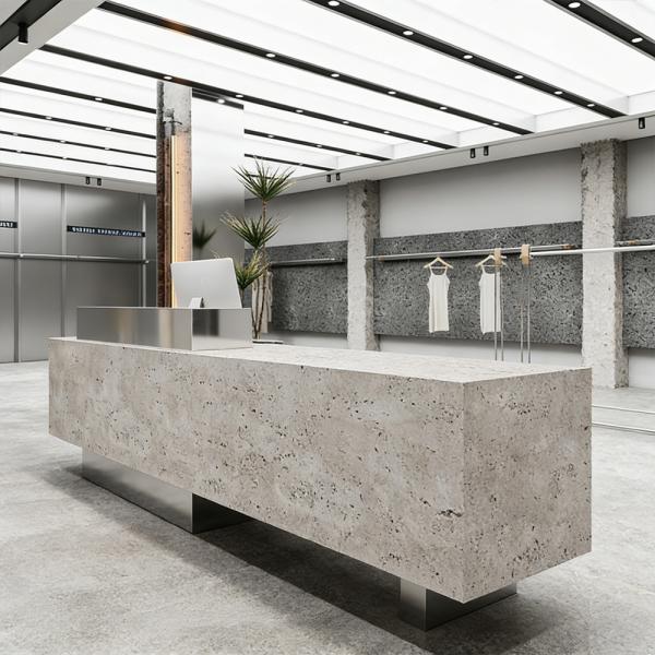 Muxing Theke, kommerzieller Empfangstresen, Metallstruktur, graue Steinoptik-Oberfläche, geeignet für Café, Geschäft, Empfang【DLSA】