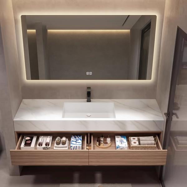 Muxing Waschbecken Holzmaserung Unterschrank aus Keramik Weiß Arbeitsplatte Set Spiegel