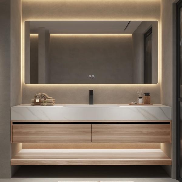 Muxing Waschbecken Holzmaserung Unterschrank aus Keramik Weiß Arbeitsplatte Set Spiegel