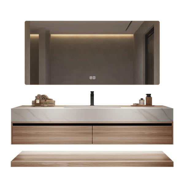 Muxing Waschbecken Holzmaserung Unterschrank aus Keramik Weiß Arbeitsplatte Set Spiegel