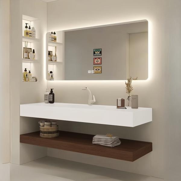 Muxing Waschbecken aus Keramik Modernes Waschbecken Badezimmer Hänge Waschbecken mit LED Spiegel, Ablage 【C025】