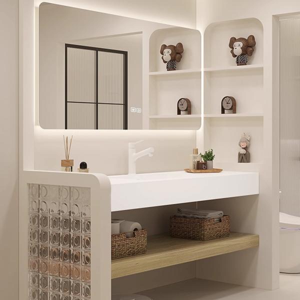 MuXing Waschbecken Set – Keramik-Waschbecken, LED-Spiegel mit Anti-Beschlag, wandhängend, mit Stauraumregal【C458】