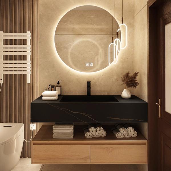 Muxing Waschbecken Badezimmermöbel-Set Keramik Waschbecken Hänge Waschbecken mit LED Spiegel und Schublade【HT72】