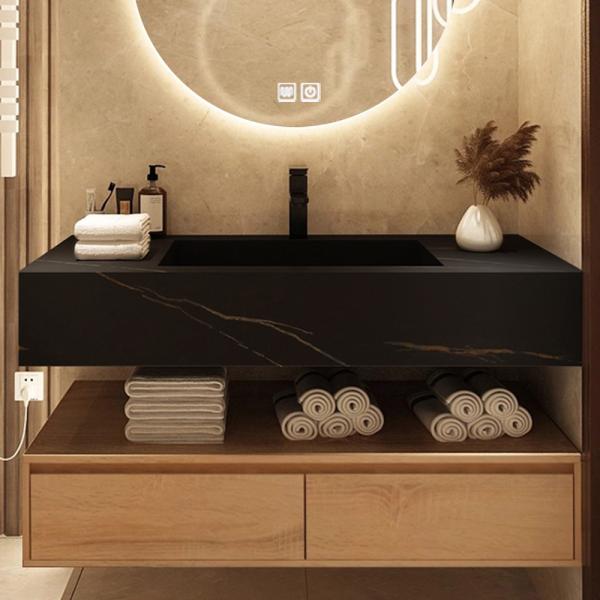 Muxing Waschbecken Badezimmermöbel-Set Keramik Waschbecken Hänge Waschbecken mit LED Spiegel und Schublade【HT72】