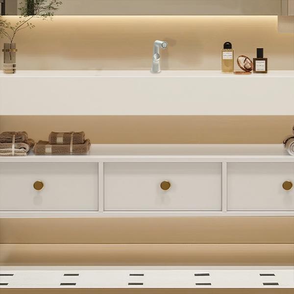 MuXing Badezimmer-Set, weißes thermogeformtes Waschbecken, LED-Spiegel, Schubladenschrank, inkl. Abflussgarnitur, wandhängendes Möbel【R255】