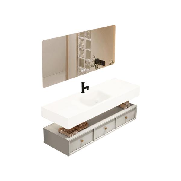 MuXing Badezimmer-Set, weißes thermogeformtes Waschbecken, LED-Spiegel, Schubladenschrank, inkl. Abflussgarnitur, wandhängendes Möbel【R255】