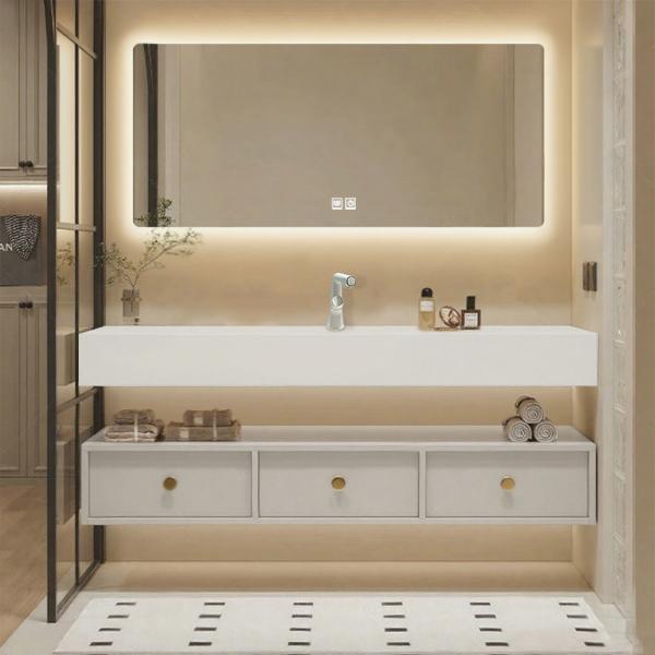 MuXing Badezimmer-Set, weißes thermogeformtes Waschbecken, LED-Spiegel, Schubladenschrank, inkl. Abflussgarnitur, wandhängendes Möbel【R255】