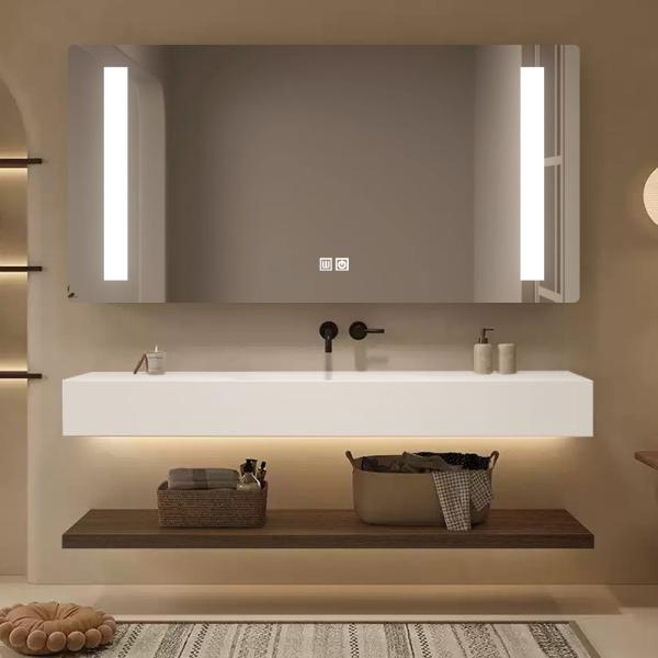 Muxing Waschbecken-Set Thermogeformtes Waschbecken LED-Spiegel mit Streifenlicht Badezimmer Waschbecken mit Ablage【R344】