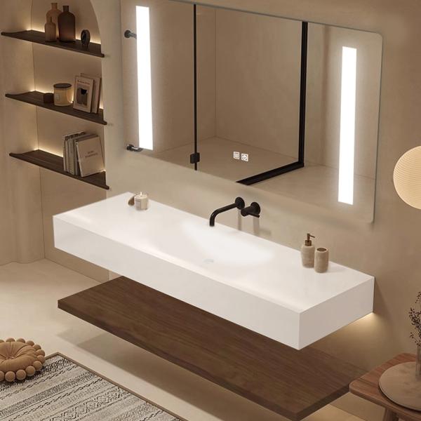 Muxing Waschbecken-Set Thermogeformtes Waschbecken LED-Spiegel mit Streifenlicht Badezimmer Waschbecken mit Ablage【R344】