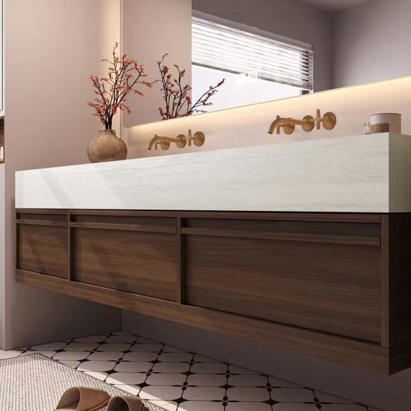 Muxing Waschbecken aus Keramik Waschbecken Doppelspüle Spüle mit zwei Becken Waschtisch-Set mit LED-Spiegel und Schränk, Spüle ohne Armaturloch 【RW3318】