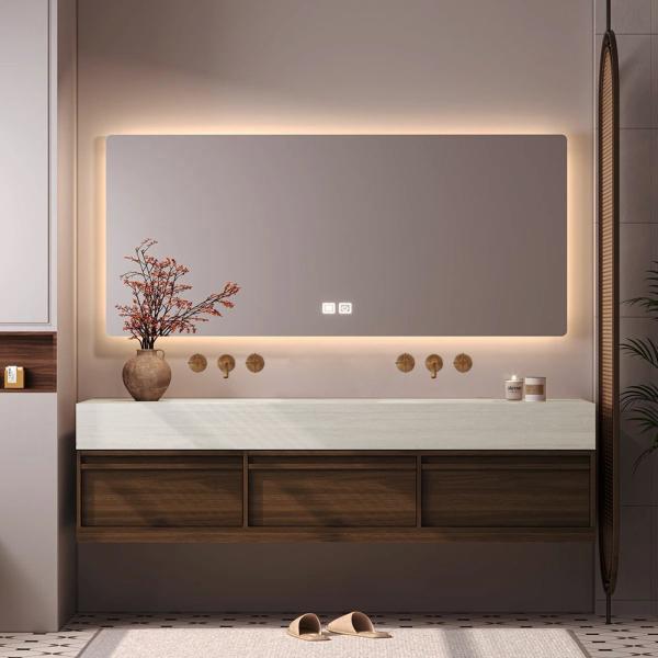 Muxing Waschbecken aus Keramik Waschbecken Doppelspüle Spüle mit zwei Becken Waschtisch-Set mit LED-Spiegel und Schränk, Spüle ohne Armaturloch 【RW3318】