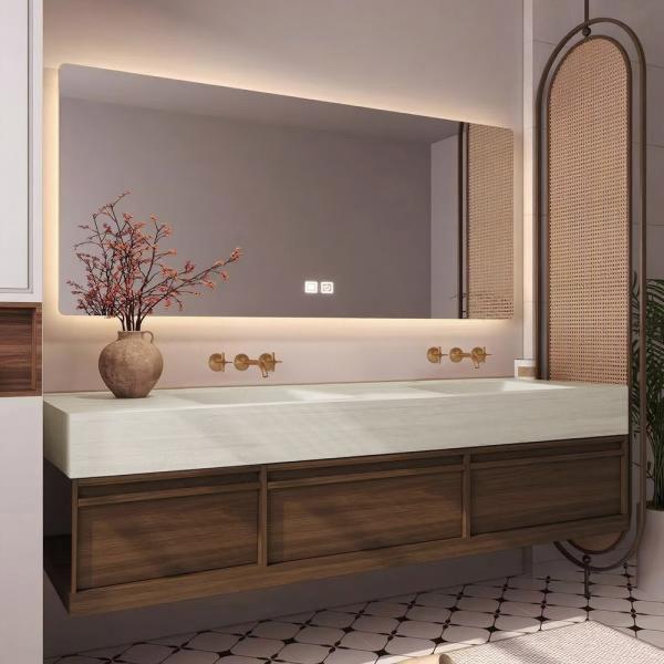 Muxing Waschbecken aus Keramik Waschbecken Doppelspüle Spüle mit zwei Becken Waschtisch-Set mit LED-Spiegel und Schränk, Spüle ohne Armaturloch 【RW3318】