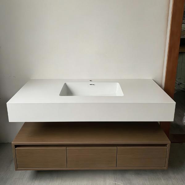 Muxing Integriertes Waschbecken aus Sinterstein-Keramik, Wandwaschbecken mit Hahnloch, Badezimmerschrank mit Schublade und LED-Spiegel 120*55cm 【YBTC383】