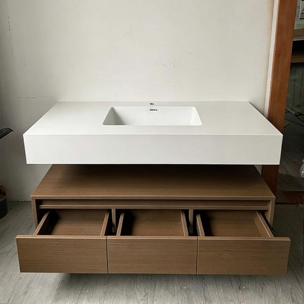 Muxing Integriertes Waschbecken aus Sinterstein-Keramik, Wandwaschbecken mit Hahnloch, Badezimmerschrank mit Schublade und LED-Spiegel 120*55cm 【YBTC383】