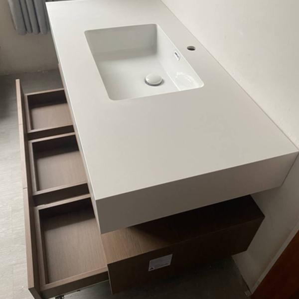 Muxing Integriertes Waschbecken aus Sinterstein-Keramik, Wandwaschbecken mit Hahnloch, Badezimmerschrank mit Schublade und LED-Spiegel 120*55cm 【YBTC383】