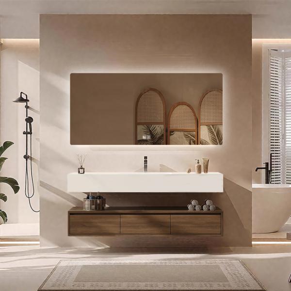 Muxing Integriertes Waschbecken aus Sinterstein-Keramik, Wandwaschbecken mit Hahnloch, Badezimmerschrank mit Schublade und LED-Spiegel 120*55cm 【YBTC383】