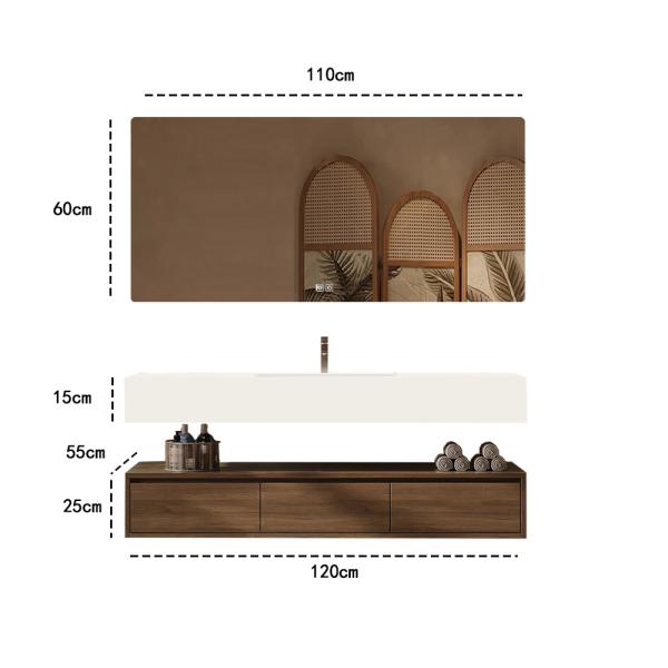 Muxing Integriertes Waschbecken aus Sinterstein-Keramik, Wandwaschbecken mit Hahnloch, Badezimmerschrank mit Schublade und LED-Spiegel 120*55cm 【YBTC383】