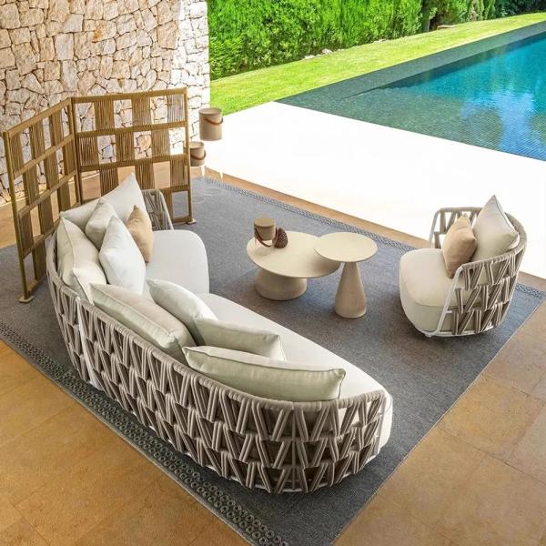 MuXing Geflochtenes Outdoor-Sofa 3er-Set mit 1-Sitzer, schrägem Ecksofa & 3-Sitzer Ecksofa, geeignet für Garten, Hof und Balkon, Beige